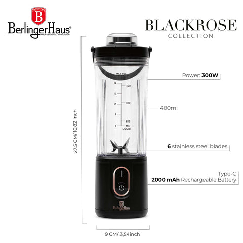 Product image of Cordless portable blender. Part of the Black Rose Collection . Features: • Material: stainless steel, plastic • Power: 110 W • Capacity: 400 ml • Rechargeable battery: 2000mAh, 7,4 V • Charging time: 3 hours • Accessorie.... (Studio view). Official Berlinger Haus product, boosted by Promintra sl.