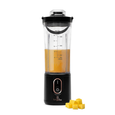 Product image of Cordless portable blender. Part of the Black Rose Collection . Features: • Material: stainless steel, plastic • Power: 110 W • Capacity: 400 ml • Rechargeable battery: 2000mAh, 7,4 V • Charging time: 3 hours • Accessorie.... (Studio view). Official Berlinger Haus product, boosted by Promintra sl.