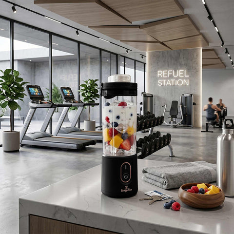Product image of Cordless portable blender. Part of the Black Rose Collection . Features: • Material: stainless steel, plastic • Power: 110 W • Capacity: 400 ml • Rechargeable battery: 2000mAh, 7,4 V • Charging time: 3 hours • Accessorie.... (Studio view). Official Berlinger Haus product, boosted by Promintra sl.