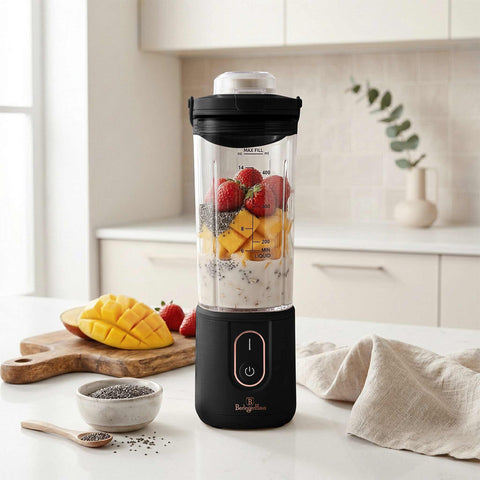 Product image of Cordless portable blender. Part of the Black Rose Collection . Features: • Material: stainless steel, plastic • Power: 110 W • Capacity: 400 ml • Rechargeable battery: 2000mAh, 7,4 V • Charging time: 3 hours • Accessorie.... (Studio view). Official Berlinger Haus product, boosted by Promintra sl.