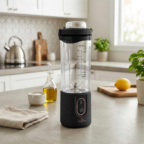 Product image of Cordless portable blender. Part of the Black Rose Collection . Features: • Material: stainless steel, plastic • Power: 110 W • Capacity: 400 ml • Rechargeable battery: 2000mAh, 7,4 V • Charging time: 3 hours • Accessorie.... (Studio view). Official Berlinger Haus product, boosted by Promintra sl.