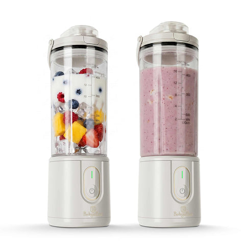 Product image of Cordless portable blender. Part of the Sahara Collection . Features: • Material: stainless steel, plastic • Power: 110 W • Capacity: 400 ml • Rechargeable battery: 2000mAh, 7,4 V • Charging time: 3 hours • Accessorie.... (Studio view). Official Berlinger Haus product, boosted by Promintra sl.