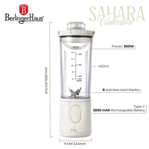 Product image of Cordless portable blender. Part of the Sahara Collection . Features: • Material: stainless steel, plastic • Power: 110 W • Capacity: 400 ml • Rechargeable battery: 2000mAh, 7,4 V • Charging time: 3 hours • Accessorie.... (Studio view). Official Berlinger Haus product, boosted by Promintra sl.