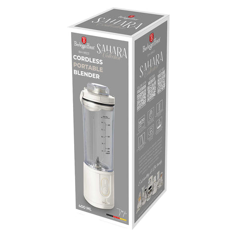 Product image of Cordless portable blender. Part of the Sahara Collection . Features: • Material: stainless steel, plastic • Power: 110 W • Capacity: 400 ml • Rechargeable battery: 2000mAh, 7,4 V • Charging time: 3 hours • Accessorie.... (Studio view). Official Berlinger Haus product, boosted by Promintra sl.