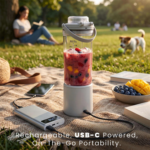 Product image of Cordless portable blender. Part of the Sahara Collection . Features: • Material: stainless steel, plastic • Power: 110 W • Capacity: 400 ml • Rechargeable battery: 2000mAh, 7,4 V • Charging time: 3 hours • Accessorie.... (Studio view). Official Berlinger Haus product, boosted by Promintra sl.