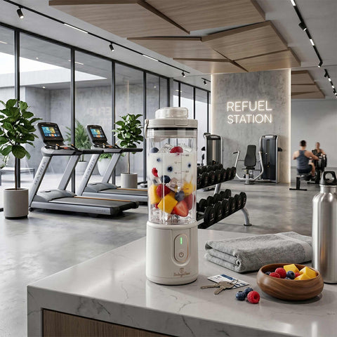 Product image of Cordless portable blender. Part of the Sahara Collection . Features: • Material: stainless steel, plastic • Power: 110 W • Capacity: 400 ml • Rechargeable battery: 2000mAh, 7,4 V • Charging time: 3 hours • Accessorie.... (Studio view). Official Berlinger Haus product, boosted by Promintra sl.