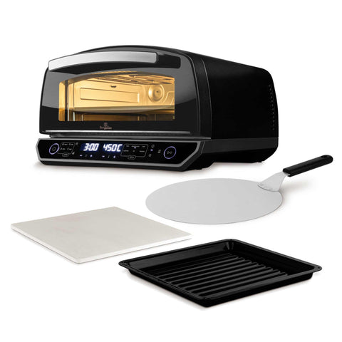 Product image of Pizza oven. Part of the Black Rose Collection . Features: • 220-240V, 50/60Hz, 2200 W • Capacity: fits up to a 13 inch pizza • Size: 49,5*45,5*27,6 cm • Weight: 19 kg • 3 accessories: • Grill plate • 13 in.... (Studio view). Official Berlinger Haus product, boosted by Promintra sl.