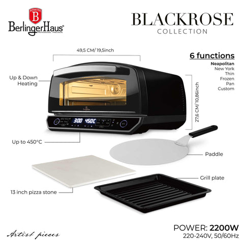 Product image of Pizza oven. Part of the Black Rose Collection . Features: • 220-240V, 50/60Hz, 2200 W • Capacity: fits up to a 13 inch pizza • Size: 49,5*45,5*27,6 cm • Weight: 19 kg • 3 accessories: • Grill plate • 13 in.... (Studio view). Official Berlinger Haus product, boosted by Promintra sl.