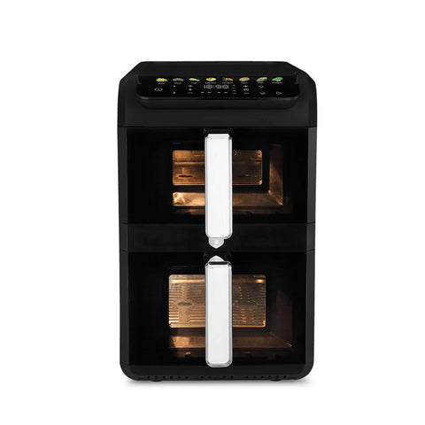 Product image of Dual basket air fryer 4+6L with visible windows. Part of the Black Vantage Collection/Matte Black Collection/Black Silver Collection . Features: • Power: 220-240V ~ 50-60Hz 2700W • Temperature control: 80-200℃ • XXXL SIZE: Capacity: 10L=4L+6L • Non-stick oil tray and food basket - dishwasher.... (Studio view). Official Berlinger Haus product, boosted by Promintra sl.