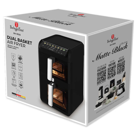 Product image of Dual basket air fryer 4+6L with visible windows. Part of the Black Vantage Collection/Matte Black Collection/Black Silver Collection . Features: • Power: 220-240V ~ 50-60Hz 2700W • Temperature control: 80-200℃ • XXXL SIZE: Capacity: 10L=4L+6L • Non-stick oil tray and food basket - dishwasher.... (Studio view). Official Berlinger Haus product, boosted by Promintra sl.