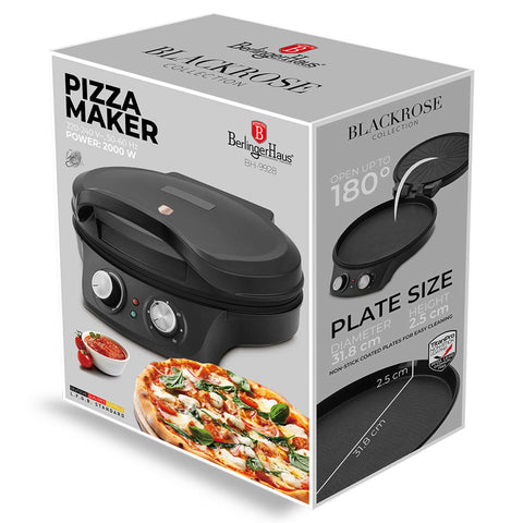 Product image of Pizza maker. Part of the Black Rose Collection . Features: • Material: aluminium with titanPro non-stick coating; plastic • 220-240V 50/60Hz, 2000 W • Plate size: 31,8*2,5 cm • Fits up to Ø32 cm pizza • Siz.... (Studio view). Official Berlinger Haus product, boosted by Promintra sl.
