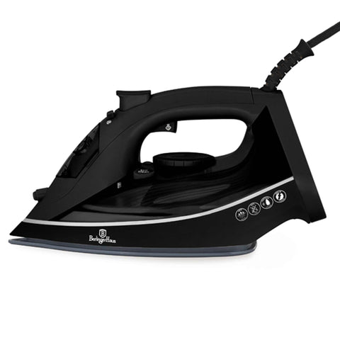Product image of Iron. Part of the Black Vantage Collection/Matte Black Collection/Black Silver Collection . Features: • 220-240V, 50/60Hz, 2200 W • Functions: Dry/Steam/Burst/Spray/Self clean • Water tank capacity: 300 ml • Soleplate size: 22.4*12.3 cm • Length of .... (Studio view). Official Berlinger Haus product, boosted by Promintra sl.