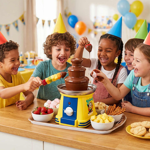 Product image of Chocolate fountain. Part of the Minions Collection . Features: • Material: stainless steel, plastic • 220-240 V, 50/60Hz, 32 W • Capacity: 50g • Size: 15*15*24 cm • Length of power cord: 1 m • Color: yellow- blue. (Studio view). Official Berlinger Haus product, boosted by Promintra sl.