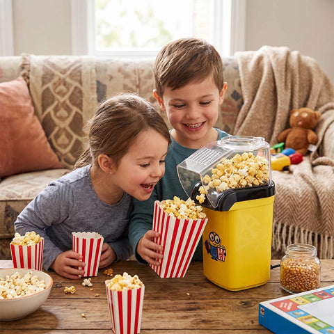 Product image of Popcorn maker. Part of the Minions Collection . Features: • Material: stainless steel, plastic • 220-240 V, 50/60Hz, 1200 W • Accessory: • Spoon • Size: 18,6*12,9*26,5 cm • Length of power cord: 1 m • Colo.... (Studio view). Official Berlinger Haus product, boosted by Promintra sl.
