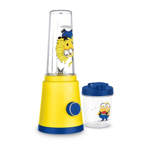 Product image of Smoothie maker. Part of the Minions Collection . Features: • Material: stainless steel, plastic • Power: 320 W • 220-240 V 50/60 Hz • 2 pcs takeaway jar with lid: 300 ml and 600 ml • Color: yellow- blue. (Studio view). Official Berlinger Haus product, boosted by Promintra sl.