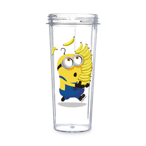 Product image of Smoothie maker. Part of the Minions Collection . Features: • Material: stainless steel, plastic • Power: 320 W • 220-240 V 50/60 Hz • 2 pcs takeaway jar with lid: 300 ml and 600 ml • Color: yellow- blue. (Studio view). Official Berlinger Haus product, boosted by Promintra sl.