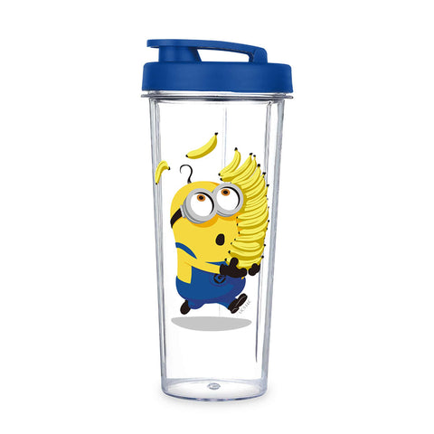 Product image of Smoothie maker. Part of the Minions Collection . Features: • Material: stainless steel, plastic • Power: 320 W • 220-240 V 50/60 Hz • 2 pcs takeaway jar with lid: 300 ml and 600 ml • Color: yellow- blue. (Studio view). Official Berlinger Haus product, boosted by Promintra sl.