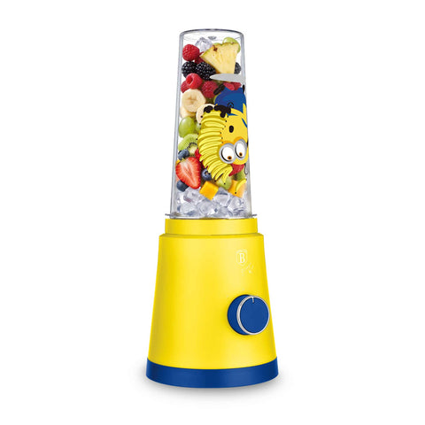 Product image of Smoothie maker. Part of the Minions Collection . Features: • Material: stainless steel, plastic • Power: 320 W • 220-240 V 50/60 Hz • 2 pcs takeaway jar with lid: 300 ml and 600 ml • Color: yellow- blue. (Studio view). Official Berlinger Haus product, boosted by Promintra sl.