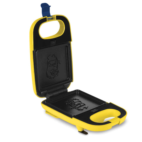 Product image of 3in1 sandwich maker with detachable plates. Part of the Minions Collection . Features: • Material: aluminium, plastic • Power: 600 W • Voltage: 220-240 V, 50/60Hz • Plate size: 13,1*12 cm • NON-STICK coating • Size: 14,5*25*9 cm • Len.... (Studio view). Official Berlinger Haus product, boosted by Promintra sl.