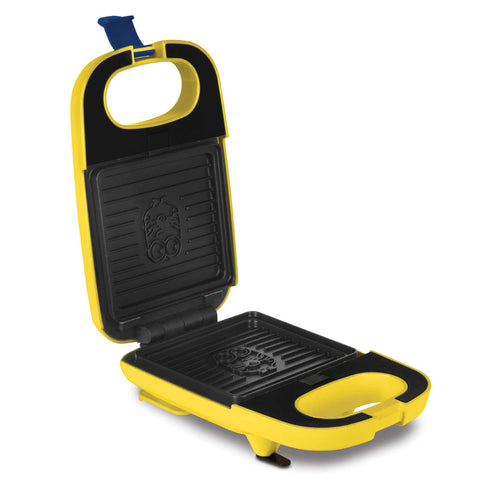 Product image of 3in1 sandwich maker with detachable plates. Part of the Minions Collection . Features: • Material: aluminium, plastic • Power: 600 W • Voltage: 220-240 V, 50/60Hz • Plate size: 13,1*12 cm • NON-STICK coating • Size: 14,5*25*9 cm • Len.... (Studio view). Official Berlinger Haus product, boosted by Promintra sl.