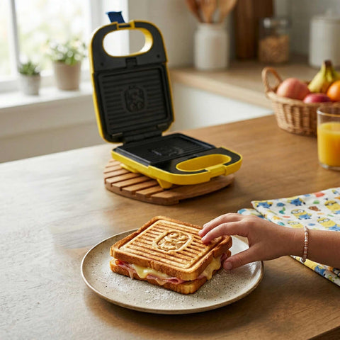 Product image of 3in1 sandwich maker with detachable plates. Part of the Minions Collection . Features: • Material: aluminium, plastic • Power: 600 W • Voltage: 220-240 V, 50/60Hz • Plate size: 13,1*12 cm • NON-STICK coating • Size: 14,5*25*9 cm • Len.... (Studio view). Official Berlinger Haus product, boosted by Promintra sl.