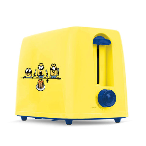 Product image of Toaster. Part of the Minions Collection . Features: • Material: stainless steel with plastic housing • 220-240V 50/60 Hz 650W • Color: yellow- blue. (Studio view). Official Berlinger Haus product, boosted by Promintra sl.