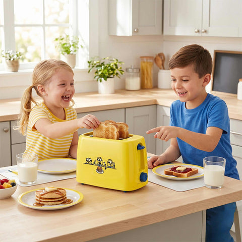 Product image of Toaster. Part of the Minions Collection . Features: • Material: stainless steel with plastic housing • 220-240V 50/60 Hz 650W • Color: yellow- blue. (Studio view). Official Berlinger Haus product, boosted by Promintra sl.