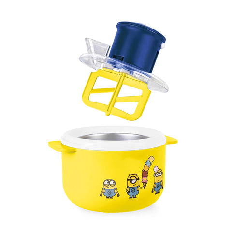 Product image of Ice cream maker. Part of the Minions Collection . Features: • Material: aluminium, plastic • 220-240V 50/60Hz 12W • Capacity: 1,1L • Include: • Aluminium bowl • Stirring paddle • Length of power cord: 70 cm .... (Studio view). Official Berlinger Haus product, boosted by Promintra sl.