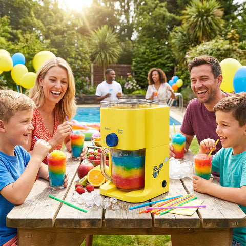 Product image of Slushie maker. Part of the Minions Collection . Features: • Power: 30W • Voltage: 220-240V, 50/60 Hz • Jar capacity: 1,1L • Accessories: • Measuring cup • Stirring paddle • Color: yellow- blue. (Studio view). Official Berlinger Haus product, boosted by Promintra sl.