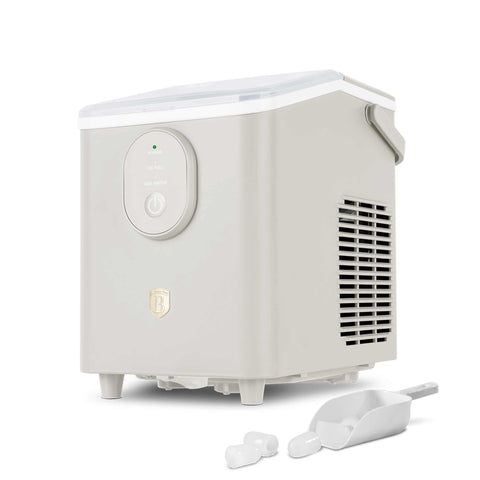 Product image of Ice cube maker. Part of the Sahara Collection . Features: • Power: 120W • Voltage: 220-240V, 50/60Hz • 0,8L water tank • Accessories: • Ice scoop • Ice basket • Length of power cord: 1,2 m • Color: cream. (Studio view). Official Berlinger Haus product, boosted by Promintra sl.