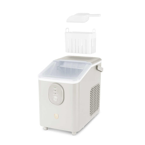 Product image of Ice cube maker. Part of the Sahara Collection . Features: • Power: 120W • Voltage: 220-240V, 50/60Hz • 0,8L water tank • Accessories: • Ice scoop • Ice basket • Length of power cord: 1,2 m • Color: cream. (Studio view). Official Berlinger Haus product, boosted by Promintra sl.