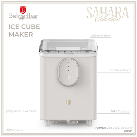 Product image of Ice cube maker. Part of the Sahara Collection . Features: • Power: 120W • Voltage: 220-240V, 50/60Hz • 0,8L water tank • Accessories: • Ice scoop • Ice basket • Length of power cord: 1,2 m • Color: cream. (Studio view). Official Berlinger Haus product, boosted by Promintra sl.