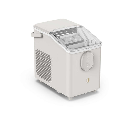 Product image of Ice cube maker. Part of the Sahara Collection . Features: • Power: 120W • Voltage: 220-240V, 50/60Hz • 0,8L water tank • Accessories: • Ice scoop • Ice basket • Length of power cord: 1,2 m • Color: cream. (Studio view). Official Berlinger Haus product, boosted by Promintra sl.