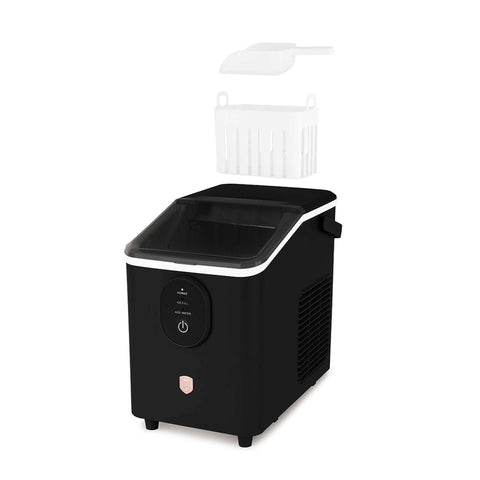 Product image of Ice cube maker. Part of the Black Rose Collection . Features: • Power: 120W • Voltage: 220-240V, 50/60Hz • 0,8L water tank • Accessories: • Ice scoop • Ice basket • Length of power cord: 1,2 m • Color: black- .... (Studio view). Official Berlinger Haus product, boosted by Promintra sl.