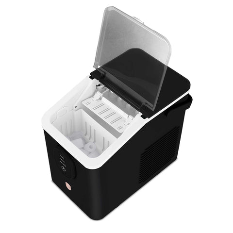 Product image of Ice cube maker. Part of the Black Rose Collection . Features: • Power: 120W • Voltage: 220-240V, 50/60Hz • 0,8L water tank • Accessories: • Ice scoop • Ice basket • Length of power cord: 1,2 m • Color: black- .... (Studio view). Official Berlinger Haus product, boosted by Promintra sl.