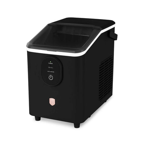 Product image of Ice cube maker. Part of the Black Rose Collection . Features: • Power: 120W • Voltage: 220-240V, 50/60Hz • 0,8L water tank • Accessories: • Ice scoop • Ice basket • Length of power cord: 1,2 m • Color: black- .... (Studio view). Official Berlinger Haus product, boosted by Promintra sl.