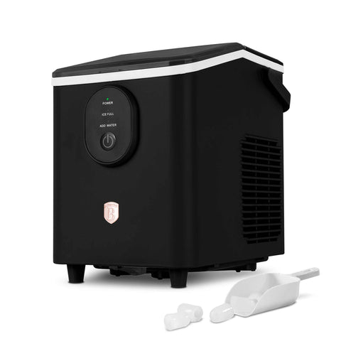 Product image of Ice cube maker. Part of the Black Rose Collection . Features: • Power: 120W • Voltage: 220-240V, 50/60Hz • 0,8L water tank • Accessories: • Ice scoop • Ice basket • Length of power cord: 1,2 m • Color: black- .... (Studio view). Official Berlinger Haus product, boosted by Promintra sl.