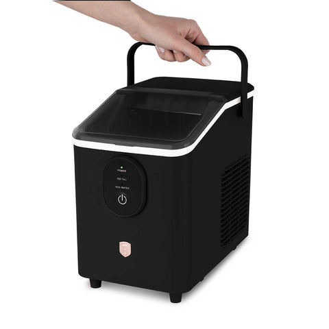 Product image of Ice cube maker. Part of the Black Rose Collection . Features: • Power: 120W • Voltage: 220-240V, 50/60Hz • 0,8L water tank • Accessories: • Ice scoop • Ice basket • Length of power cord: 1,2 m • Color: black- .... (Studio view). Official Berlinger Haus product, boosted by Promintra sl.
