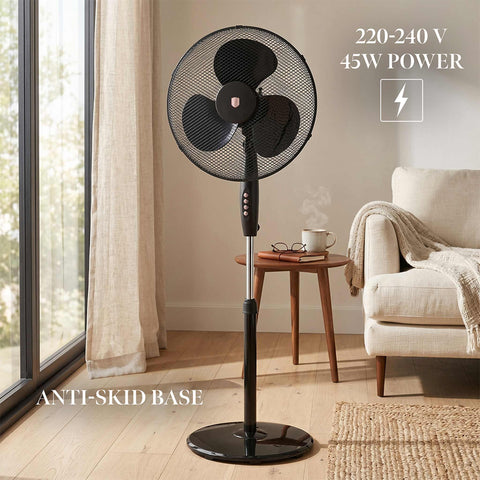Product image of Standing fan. Part of the Black Rose Collection . Features: • Fan guard: Ø43 cm • Voltage: 220-240V, 50/60 Hz • Power: 45W • Height: 120 cm • Length of power cord: 1,5 m • Color: black- rose gold. (Studio view). Official Berlinger Haus product, boosted by Promintra sl.