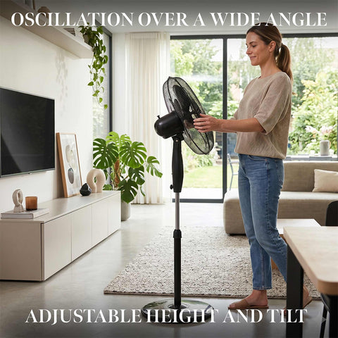 Product image of Standing fan. Part of the Black Rose Collection . Features: • Fan guard: Ø43 cm • Voltage: 220-240V, 50/60 Hz • Power: 45W • Height: 120 cm • Length of power cord: 1,5 m • Color: black- rose gold. (Studio view). Official Berlinger Haus product, boosted by Promintra sl.
