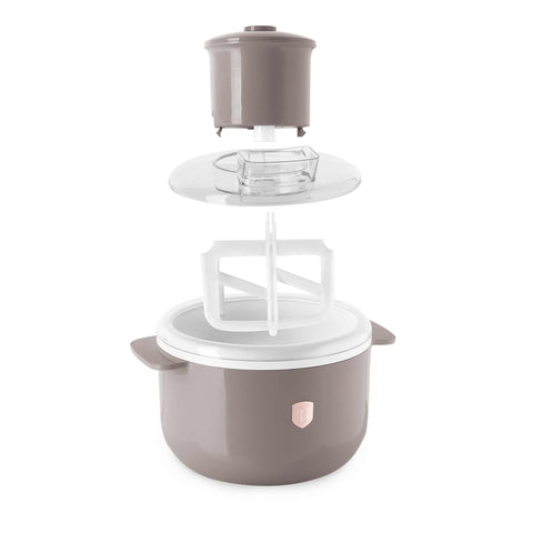 Product image of Ice cream maker. Part of the Taupe Collection . Features: • Material: aluminium, plastic • 220-240V 50/60Hz 12W • Capacity: 1,1L • Include: • Aluminium bowl • Stirring paddle • Size: 22,7*18,6*21.2 cm • Le.... (Studio view). Official Berlinger Haus product, boosted by Promintra sl.