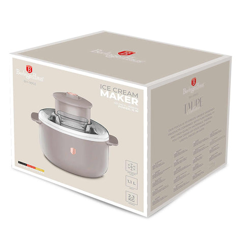 Product image of Ice cream maker. Part of the Taupe Collection . Features: • Material: aluminium, plastic • 220-240V 50/60Hz 12W • Capacity: 1,1L • Include: • Aluminium bowl • Stirring paddle • Size: 22,7*18,6*21.2 cm • Le.... (Studio view). Official Berlinger Haus product, boosted by Promintra sl.