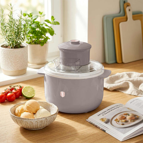 Product image of Ice cream maker. Part of the Taupe Collection . Features: • Material: aluminium, plastic • 220-240V 50/60Hz 12W • Capacity: 1,1L • Include: • Aluminium bowl • Stirring paddle • Size: 22,7*18,6*21.2 cm • Le.... (Studio view). Official Berlinger Haus product, boosted by Promintra sl.