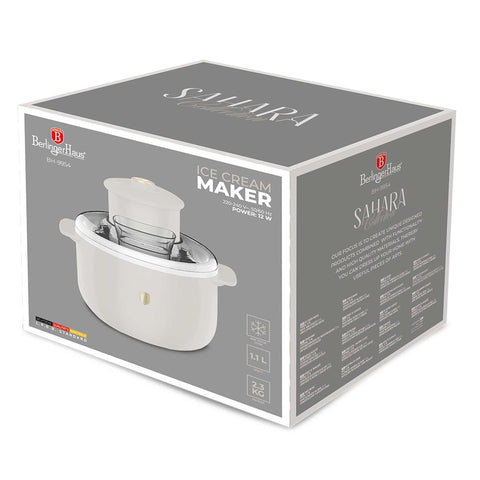 Product image of Ice cream maker. Part of the Sahara Collection . Features: • Material: aluminium, plastic • 220-240V 50/60Hz 12W • Capacity: 1,1L • Include: • Aluminium bowl • Stirring paddle • Size: 22,7*18,6*21.2 cm • Le.... (Studio view). Official Berlinger Haus product, boosted by Promintra sl.