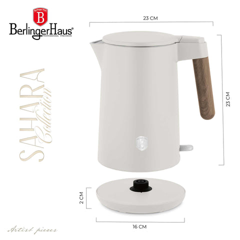 Product image of Double wall kettle. Part of the Sahara Nordic Collection . Features: • Material: stainless steel inside, plastic outside • Capacity: 1,7L • Voltage: 220-240V,50/60Hz • Power: 2200 W • Size: 23*16*25 cm • Length of po.... (Studio view). Official Berlinger Haus product, boosted by Promintra sl.