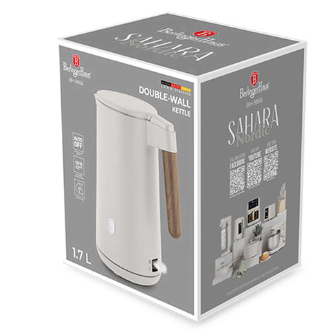 Product image of Double wall kettle. Part of the Sahara Nordic Collection . Features: • Material: stainless steel inside, plastic outside • Capacity: 1,7L • Voltage: 220-240V,50/60Hz • Power: 2200 W • Size: 23*16*25 cm • Length of po.... (Studio view). Official Berlinger Haus product, boosted by Promintra sl.