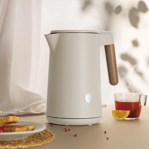 Product image of Double wall kettle. Part of the Sahara Nordic Collection . Features: • Material: stainless steel inside, plastic outside • Capacity: 1,7L • Voltage: 220-240V,50/60Hz • Power: 2200 W • Size: 23*16*25 cm • Length of po.... (Studio view). Official Berlinger Haus product, boosted by Promintra sl.