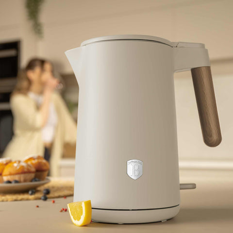 Product image of Double wall kettle. Part of the Sahara Nordic Collection . Features: • Material: stainless steel inside, plastic outside • Capacity: 1,7L • Voltage: 220-240V,50/60Hz • Power: 2200 W • Size: 23*16*25 cm • Length of po.... (Studio view). Official Berlinger Haus product, boosted by Promintra sl.