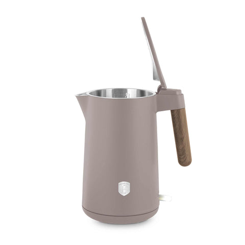 Product image of Double wall kettle. Part of the Taupe Nordic Collection . Features: • Material: 18/10 stainless steel inside, plastic outside • Capacity: 1,7L • Voltage: 220-240V, 50/60Hz • Power: 2200 W • Size: 23*16*25 cm • Lengt.... (Studio view). Official Berlinger Haus product, boosted by Promintra sl.