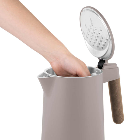 Product image of Double wall kettle. Part of the Taupe Nordic Collection . Features: • Material: 18/10 stainless steel inside, plastic outside • Capacity: 1,7L • Voltage: 220-240V, 50/60Hz • Power: 2200 W • Size: 23*16*25 cm • Lengt.... (Studio view). Official Berlinger Haus product, boosted by Promintra sl.